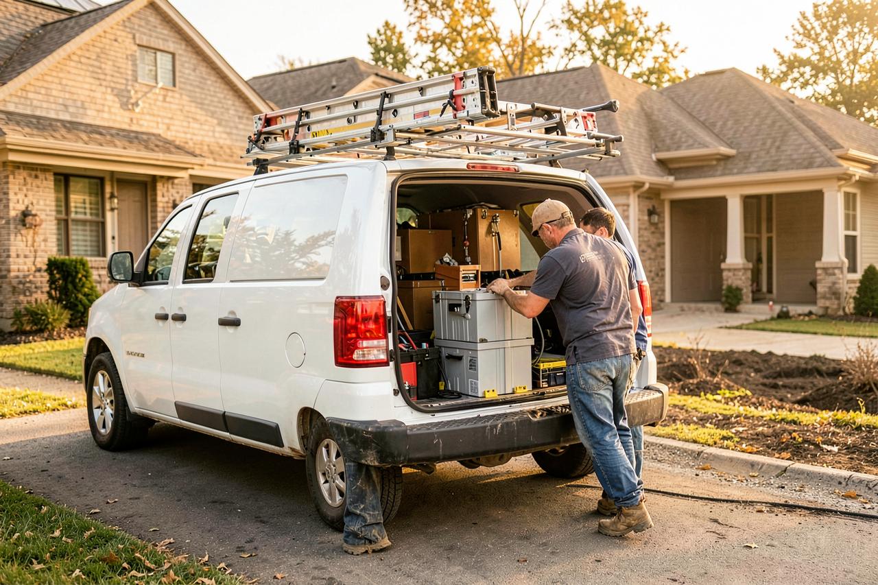 Two service technicians in work boots unloading tools from a white service van outside a customer's home